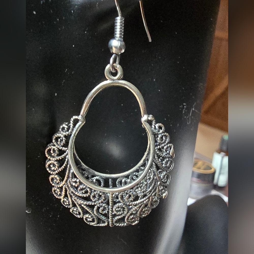 Elegant Silver Filigree Scroll Basket Hoop Earrings